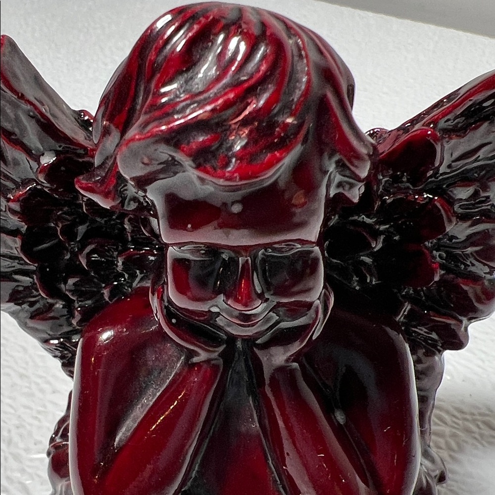 Vintage Winged Angel Cherub Shiny Carved Resin Dark Red Color Figurine Retired - Picture 2 of 6